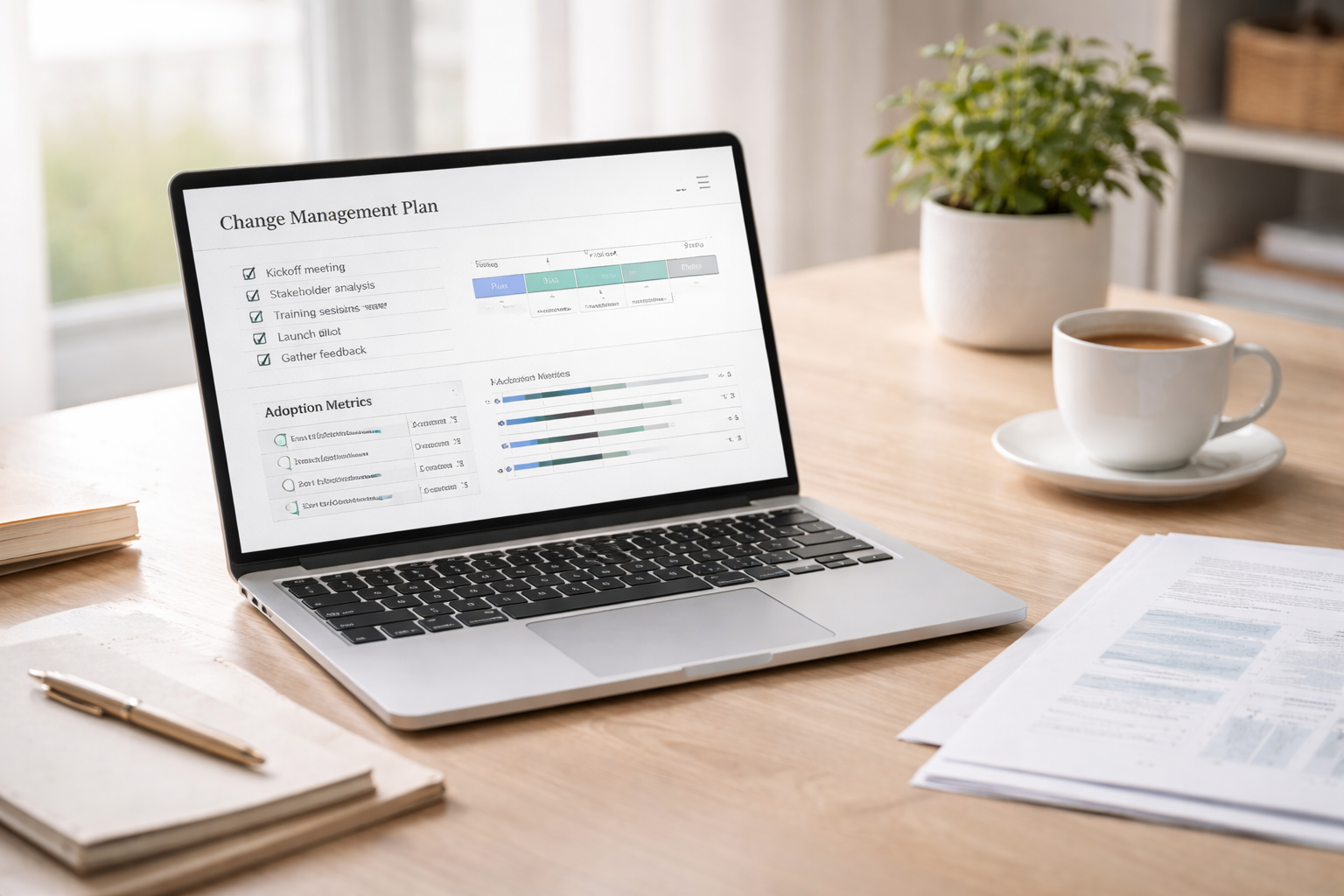 Laptop displaying a change management plan and progress dashboard on a desk